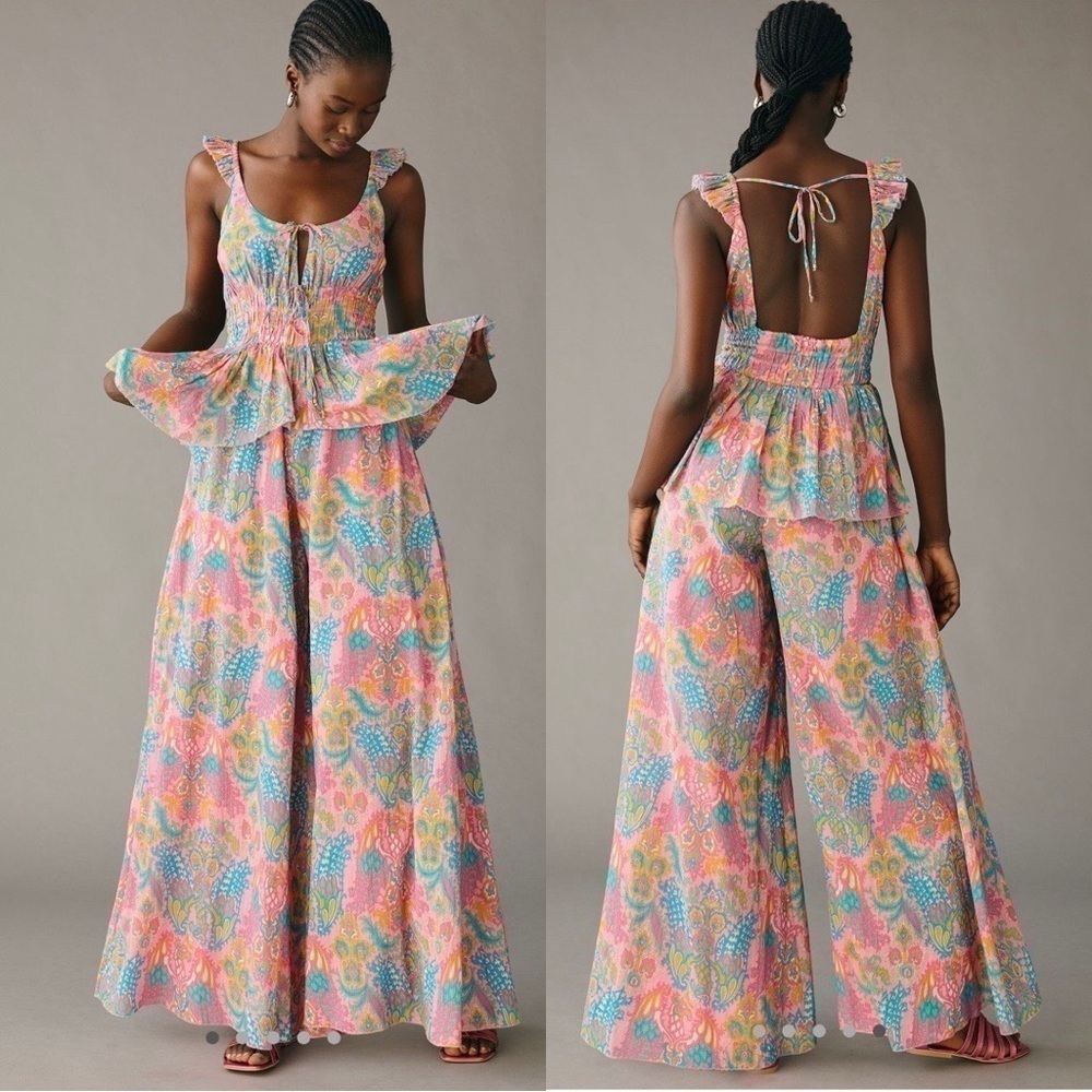 NWT ANTHROPOLOGIE LOVE THE LABEL Eva Floral Ruffled Pink Jumpsuit Sz S
